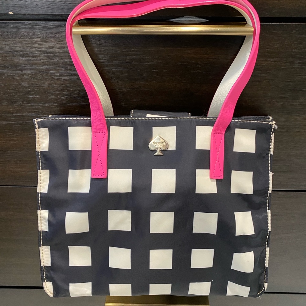 Kate Spade Black and White Checkered Tote Bag with Pink Handles